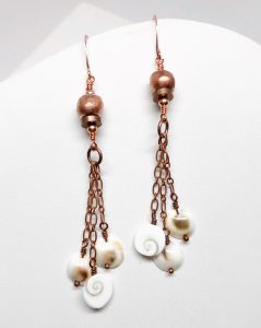 Copper earrings with white spiral charms