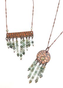 Copper bohemian necklaces with green gemstone beads.
